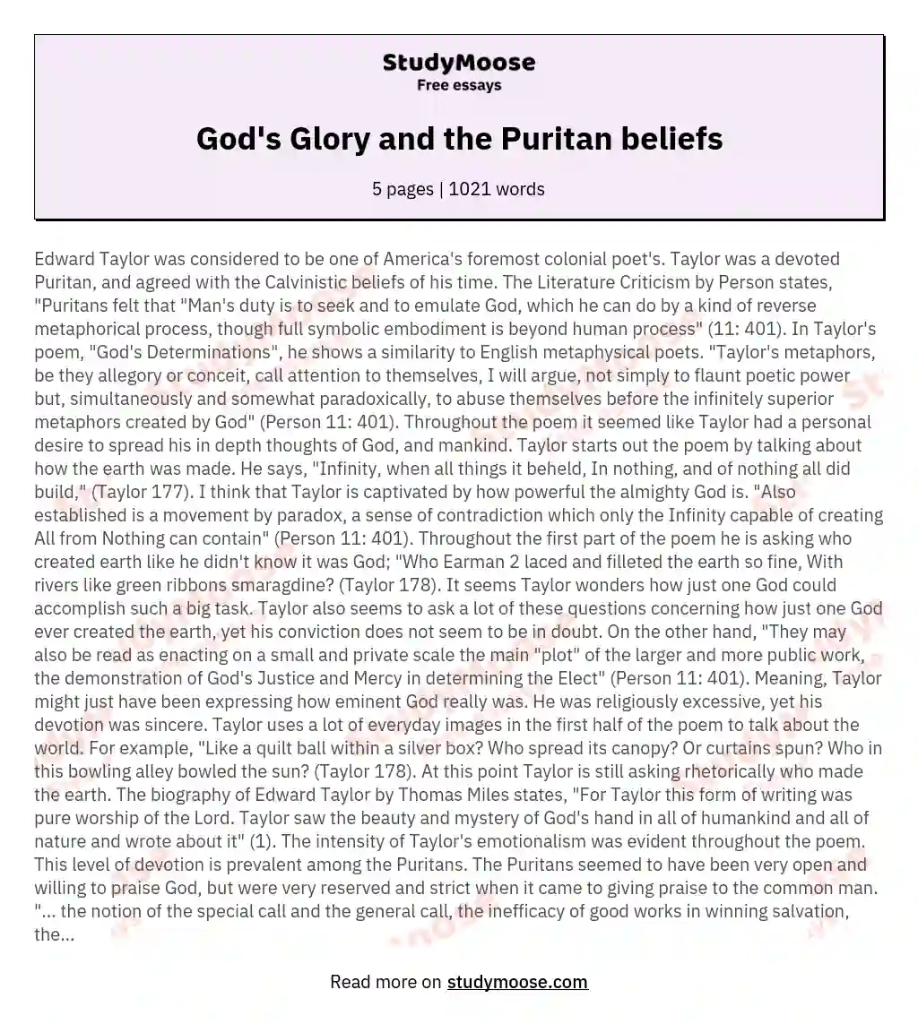 God's Glory and the Puritan beliefs essay