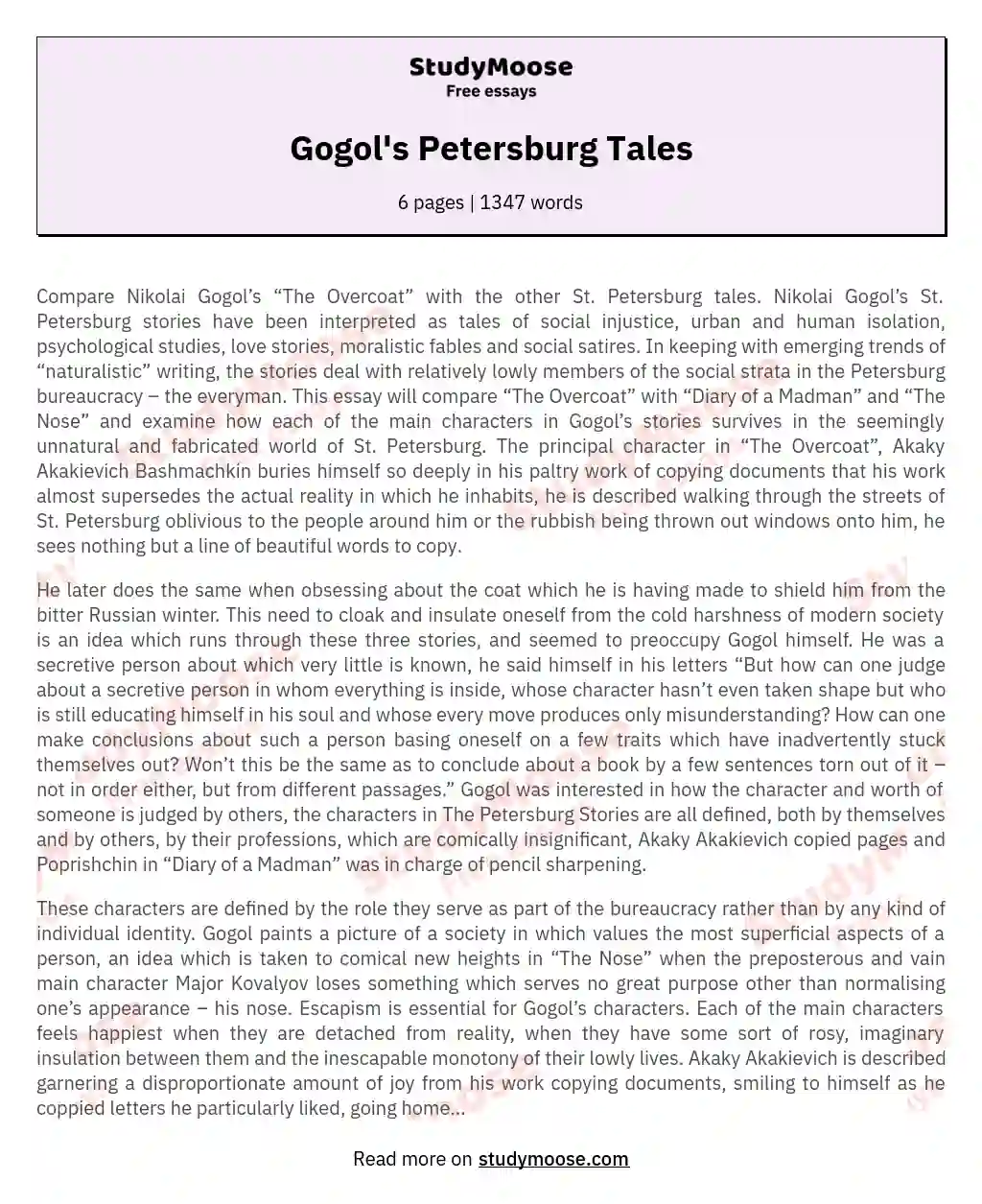 Gogol's Petersburg Tales essay