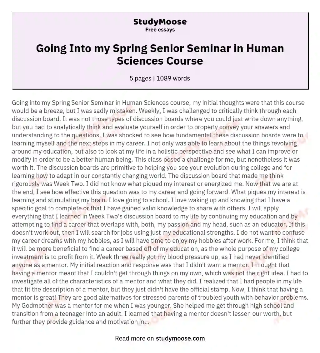 Going Into my Spring Senior Seminar in Human Sciences Course