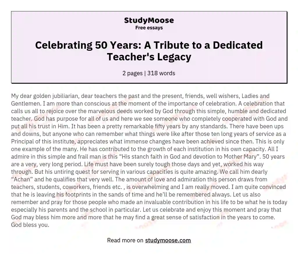 Celebrating 50 Years: A Tribute to a Dedicated Teacher's Legacy essay