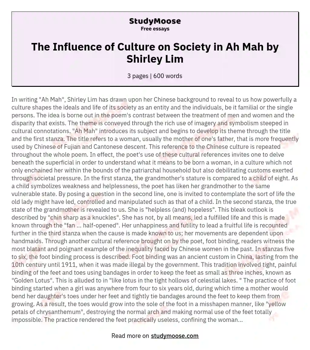 The Influence of Culture on Society in Ah Mah by Shirley Lim essay