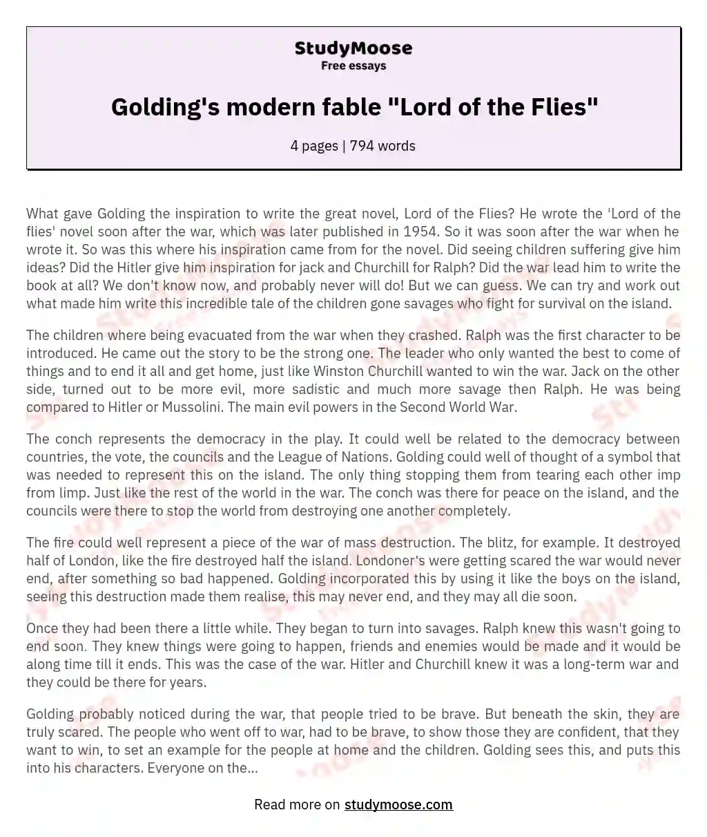 Golding's modern fable "Lord of the Flies" essay