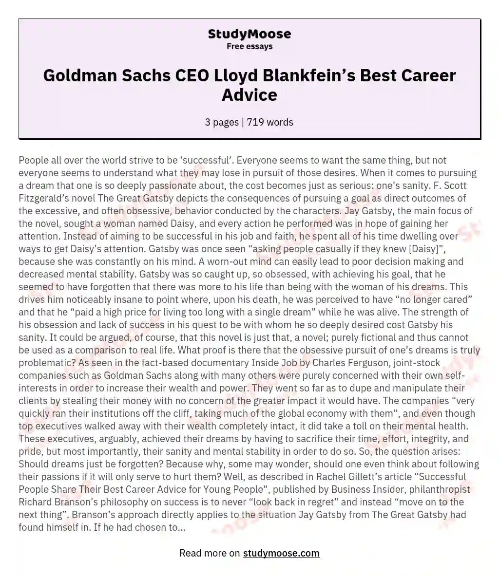 Goldman Sachs CEO Lloyd Blankfein’s Best Career Advice essay