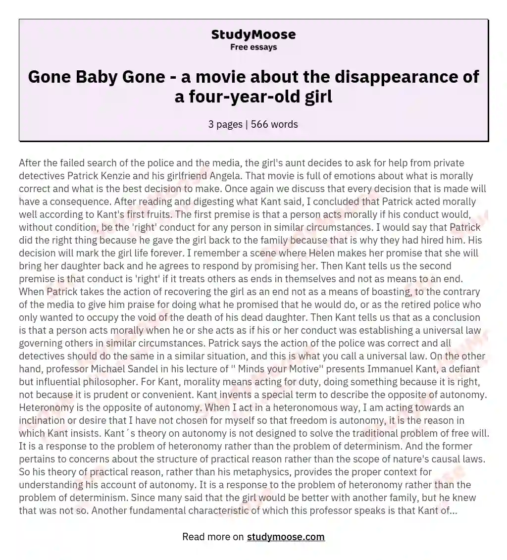 Gone Baby Gone - a movie about the disappearance of a four-year-old girl