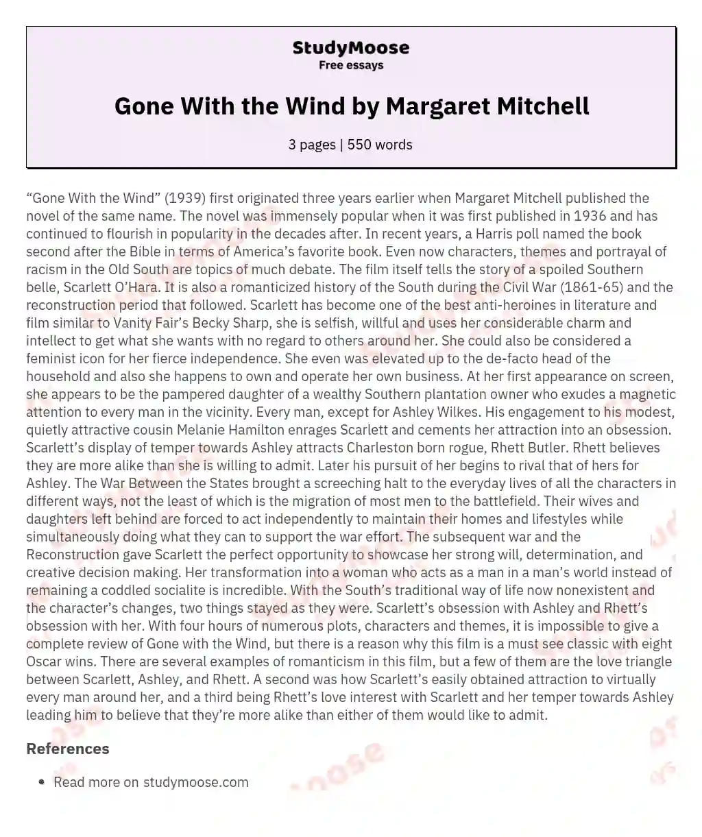 Gone With the Wind by Margaret Mitchell essay