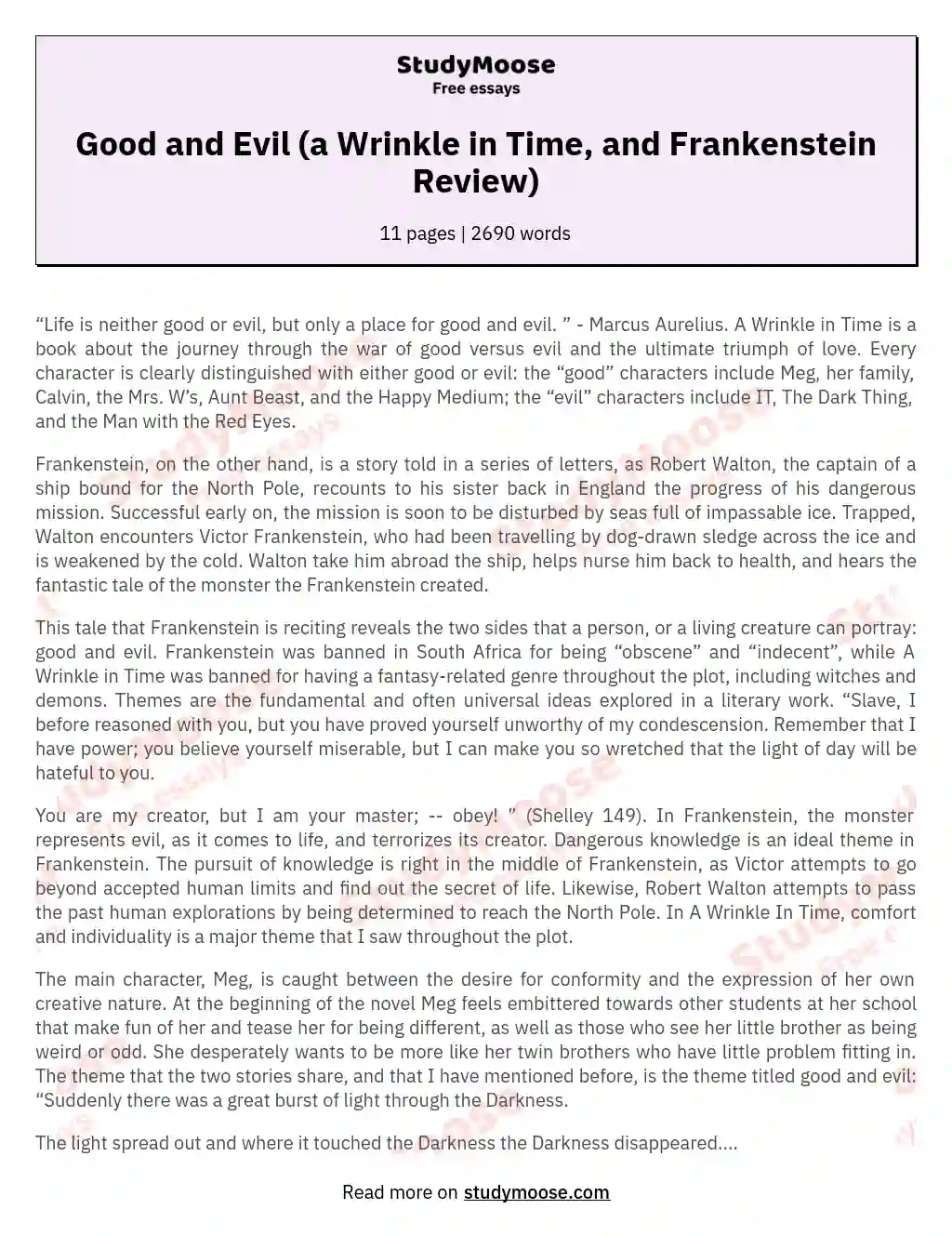 Good and Evil (a Wrinkle in Time, and Frankenstein Review) essay