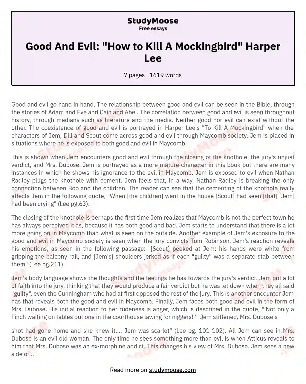 Good And Evil: "How to Kill A Mockingbird" Harper Lee essay