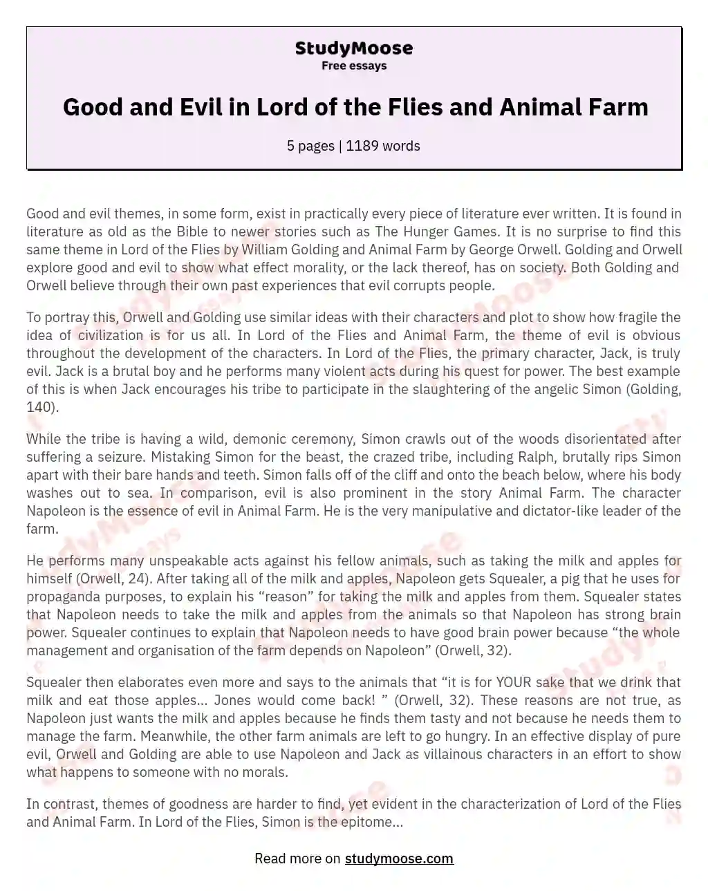 Good and Evil in Lord of the Flies and Animal Farm