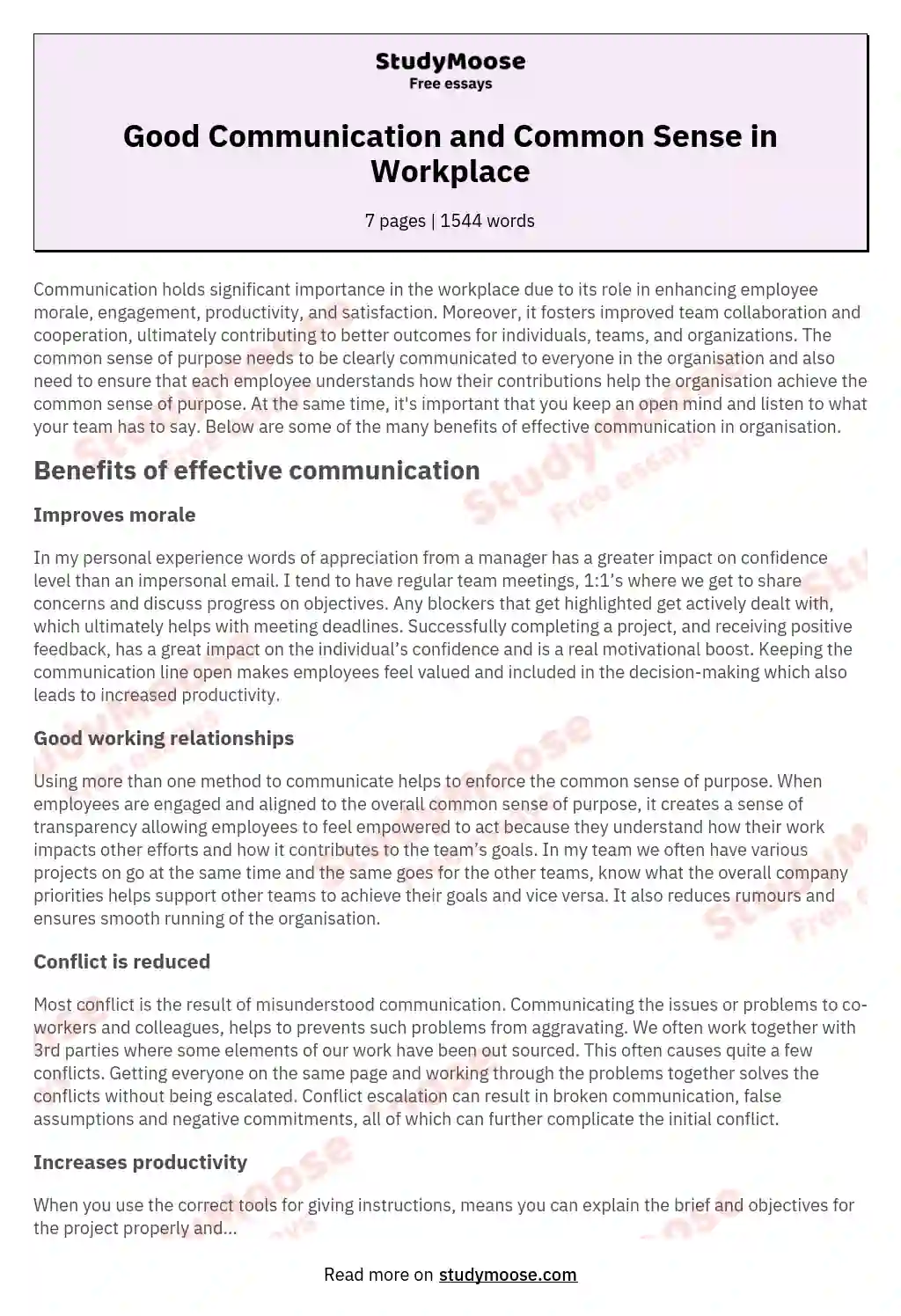 Good Communication and Common Sense in Workplace essay