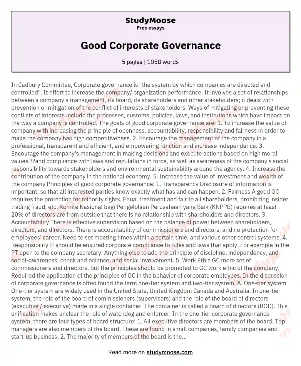 Good Corporate Governance essay