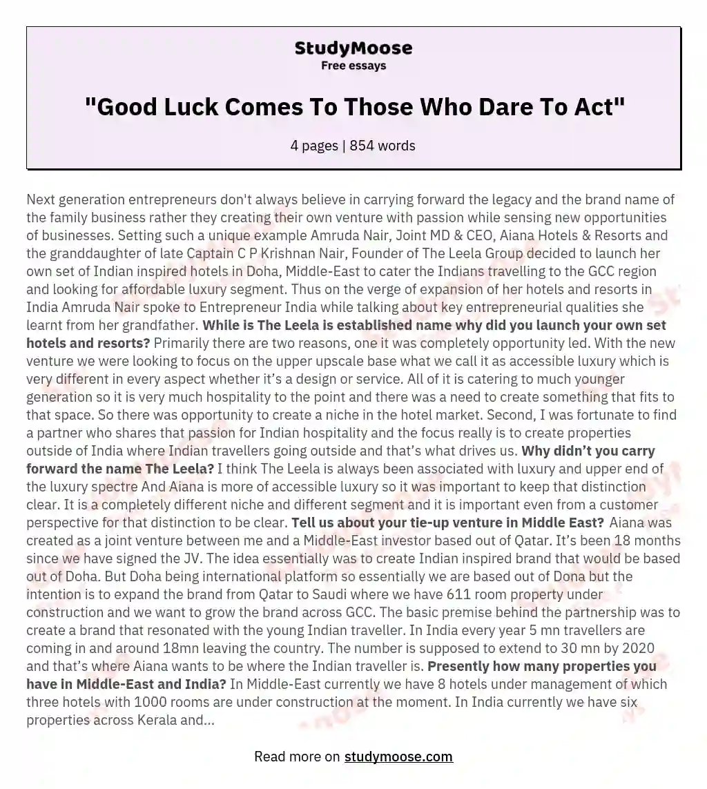"Good Luck Comes To Those Who Dare To Act" essay