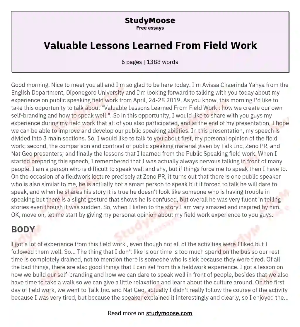 Valuable Lessons Learned From Field Work essay
