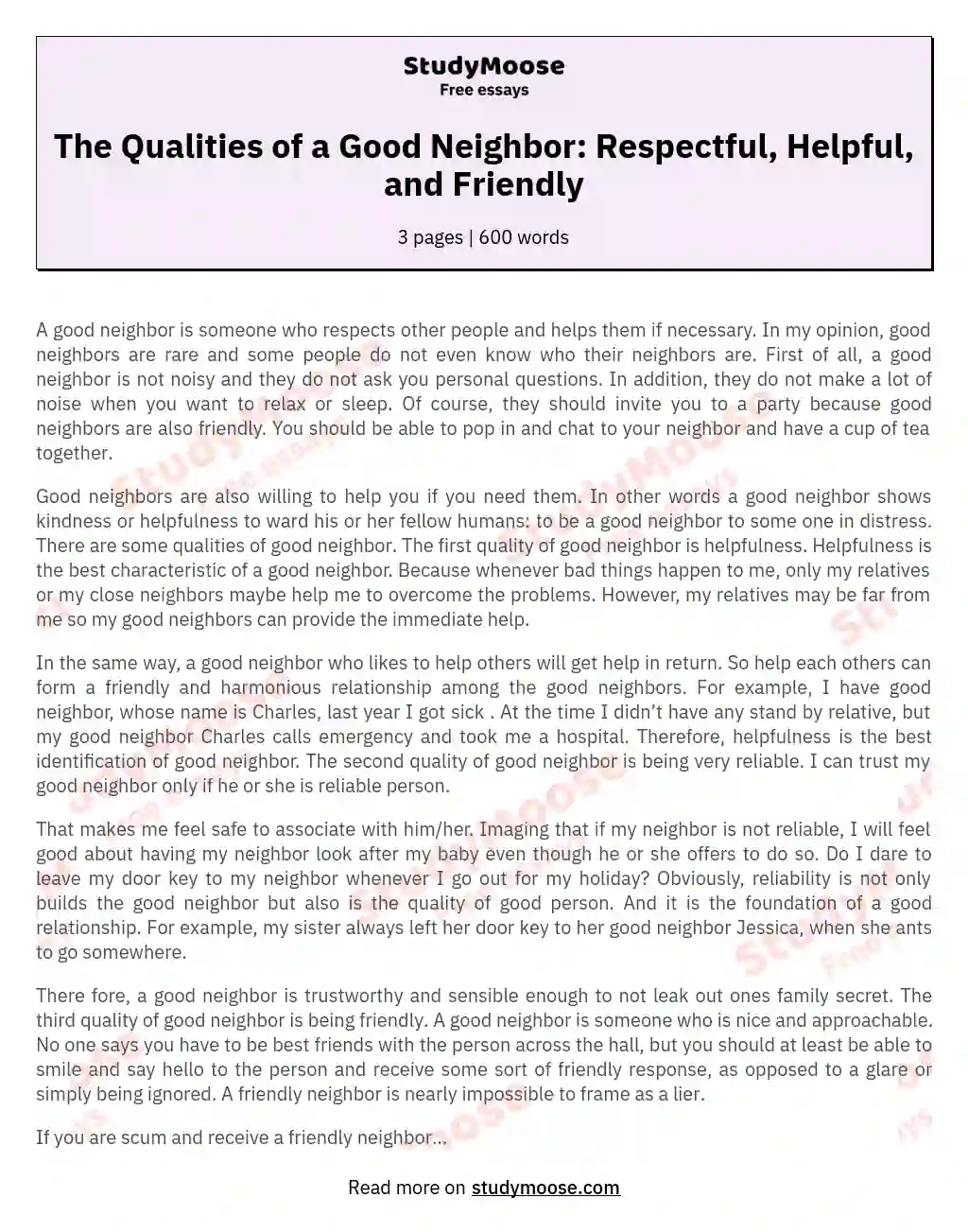 The Qualities of a Good Neighbor: Respectful, Helpful, and Friendly essay