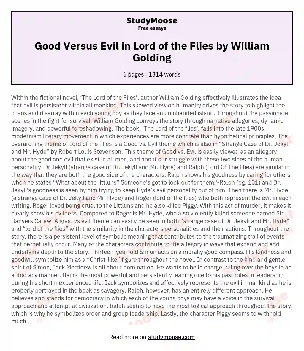 Good Versus Evil in Lord of the Flies by William Golding