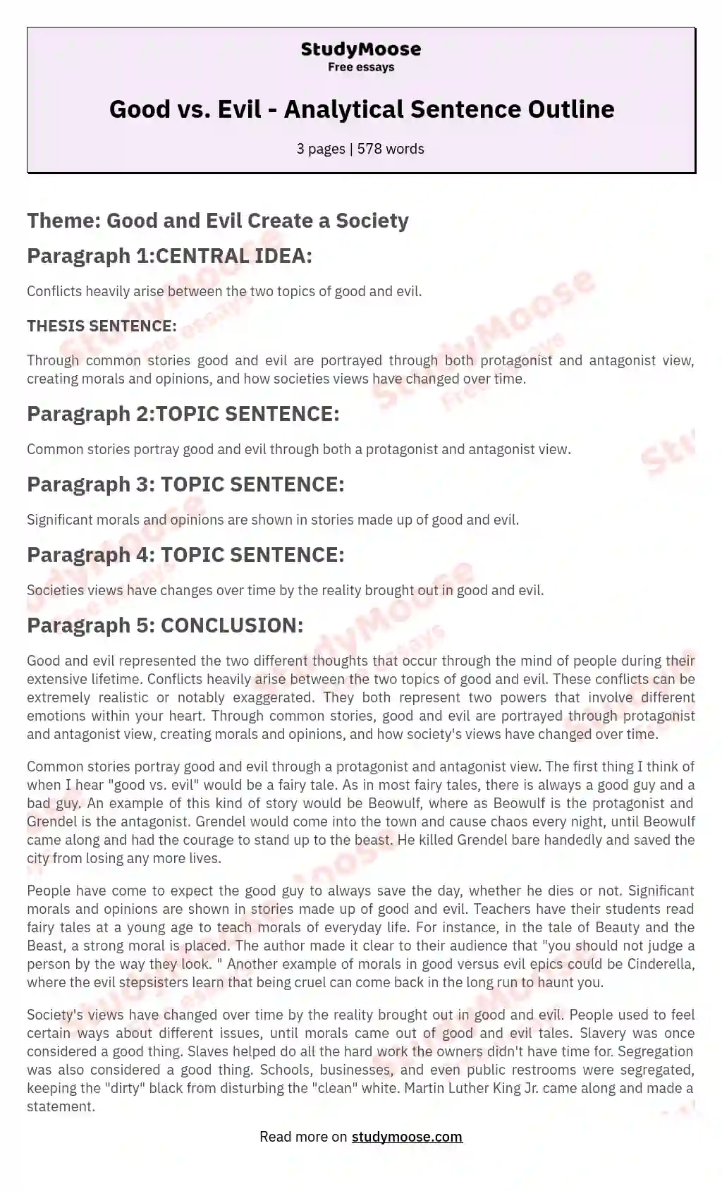 Good vs. Evil - Analytical Sentence Outline essay