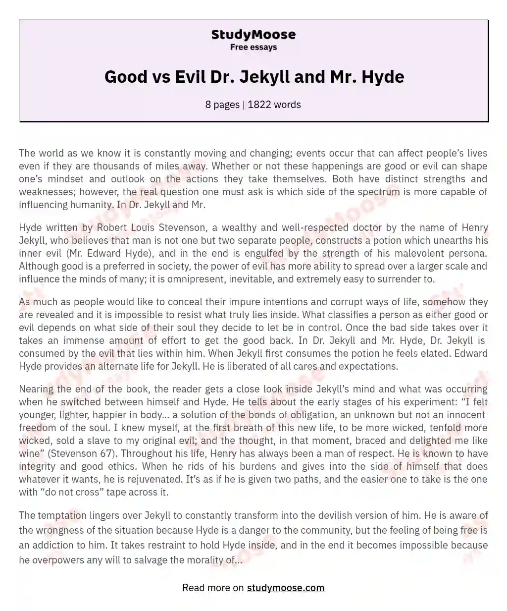 Good vs Evil Dr. Jekyll and Mr. Hyde essay