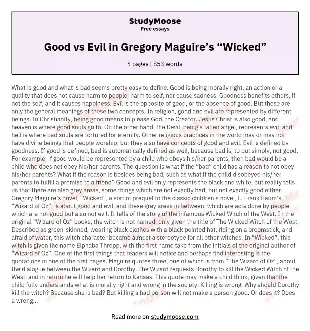 Good vs Evil in Gregory Maguire’s “Wicked” essay