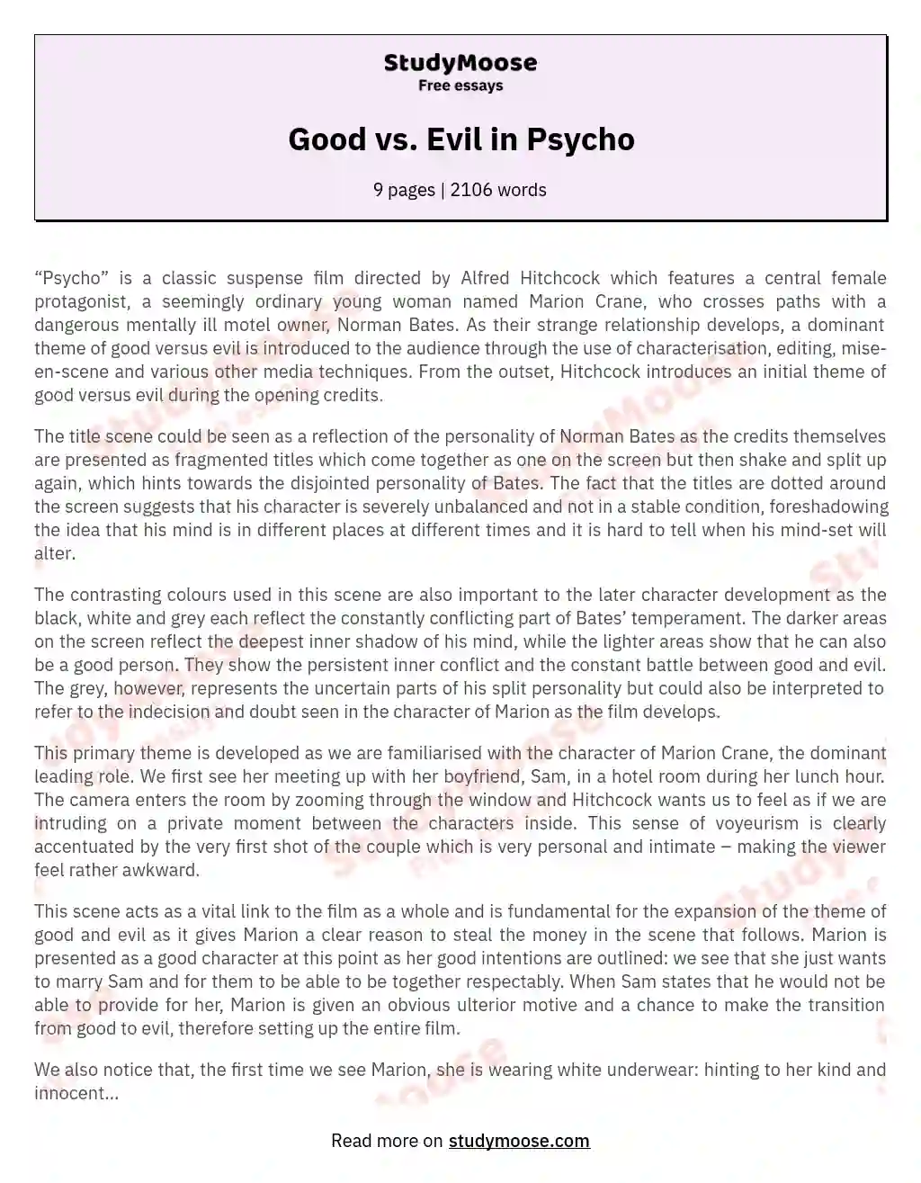 Good vs. Evil in Psycho essay