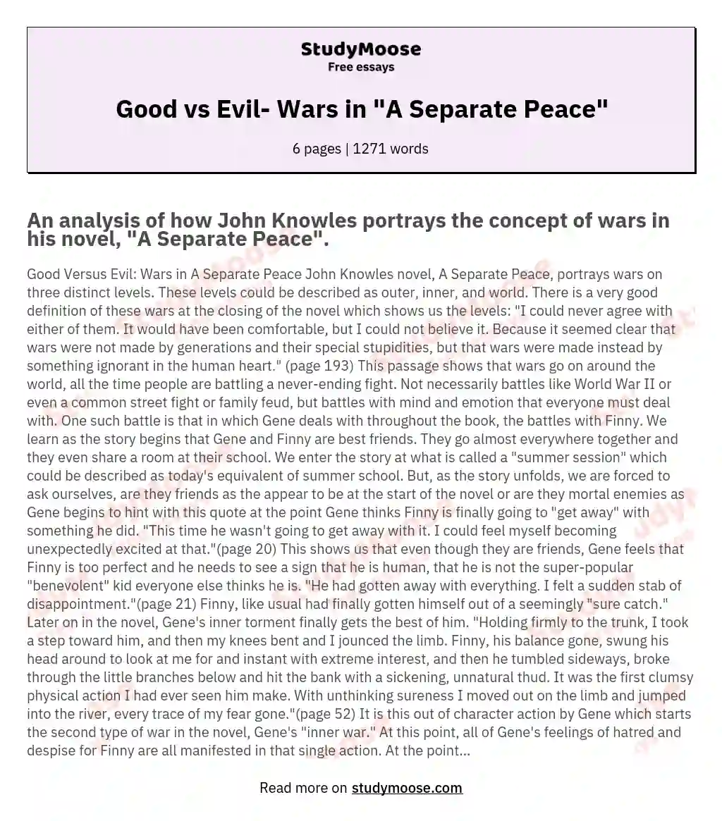 Good vs Evil- Wars in "A Separate Peace" essay