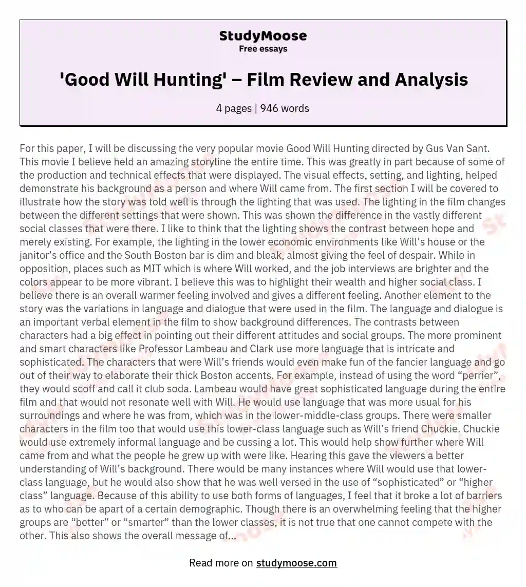 'Good Will Hunting' – Film Review and Analysis essay