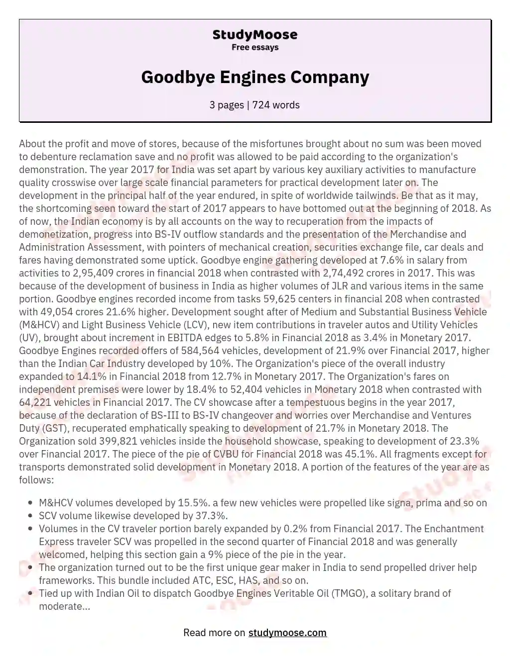 Goodbye Engines Company essay
