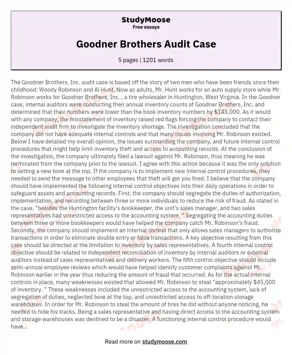 Goodner Brothers Audit Case essay