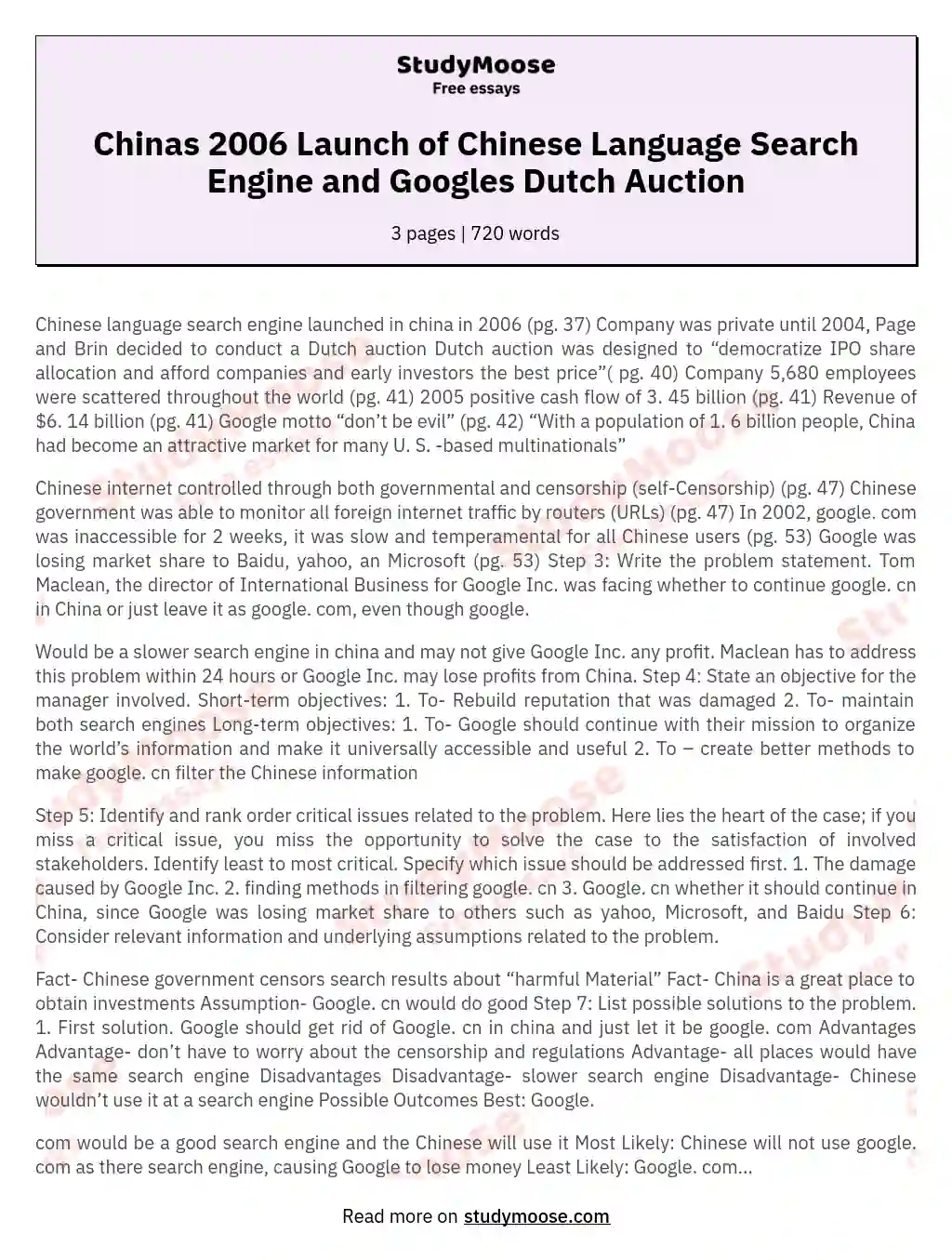 Chinas 2006 Launch of Chinese Language Search Engine and Googles Dutch Auction essay