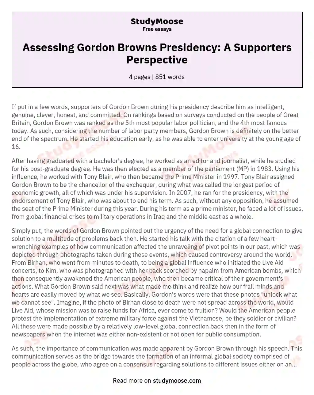 Assessing Gordon Browns Presidency: A Supporters Perspective essay