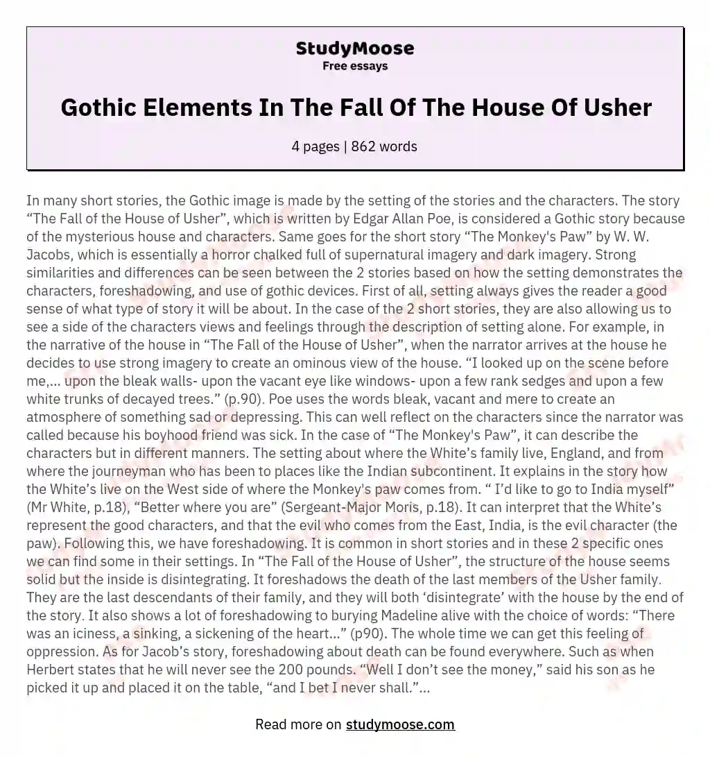 Gothic Elements In The Fall Of The House Of Usher essay