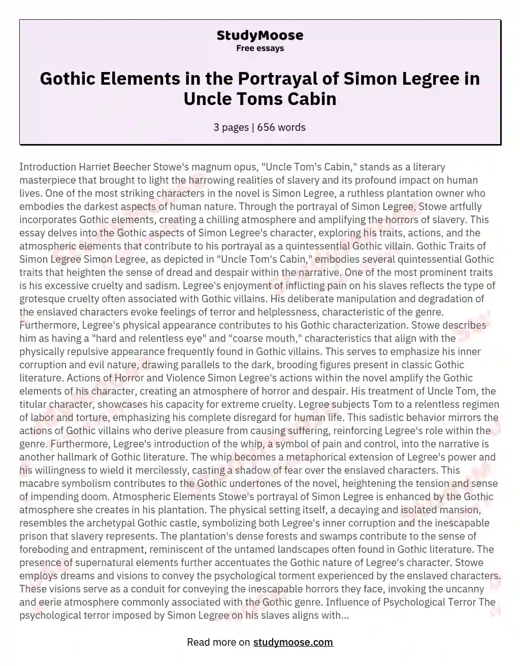 Gothic Elements in the Portrayal of Simon Legree in Uncle Toms Cabin essay