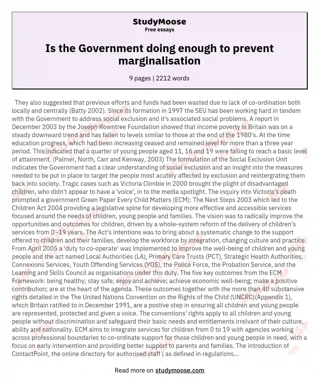 Is the Government doing enough to prevent marginalisation essay