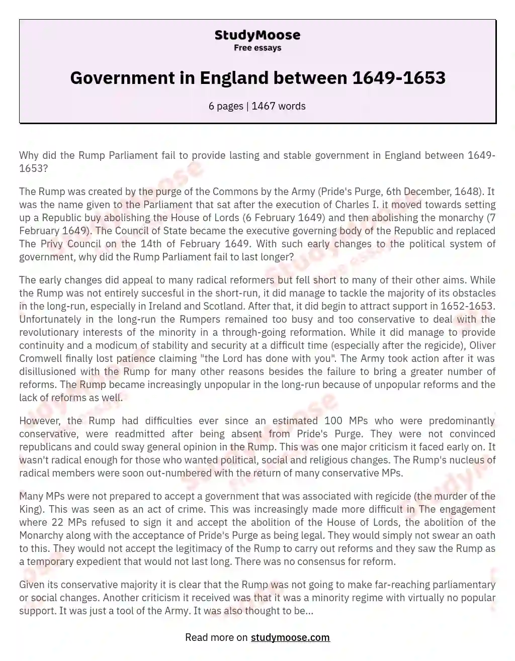 Government in England between 1649-1653 essay