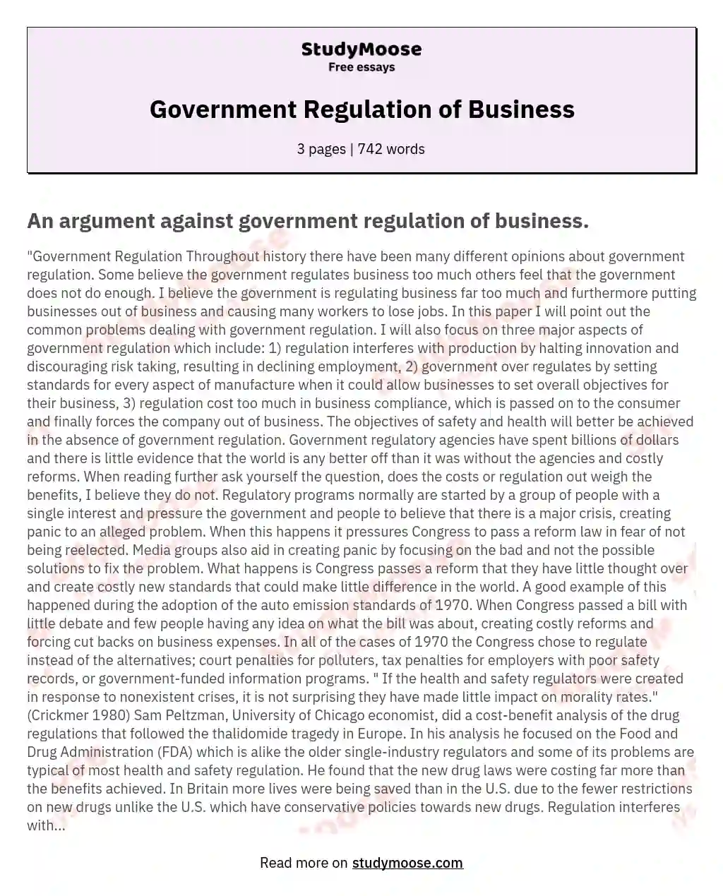 Government Regulation of Business essay