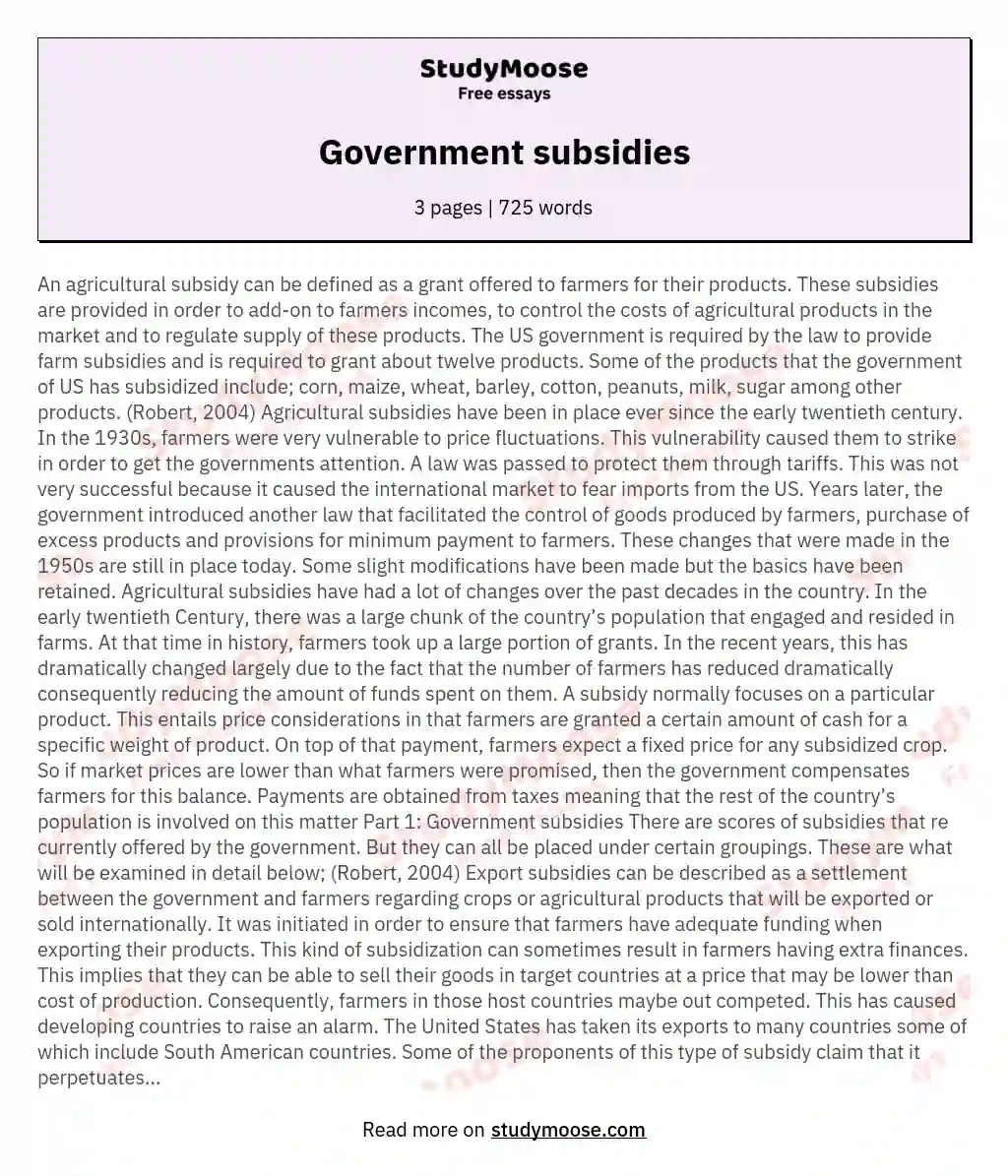essay about distribution of government subsidies and relief operations