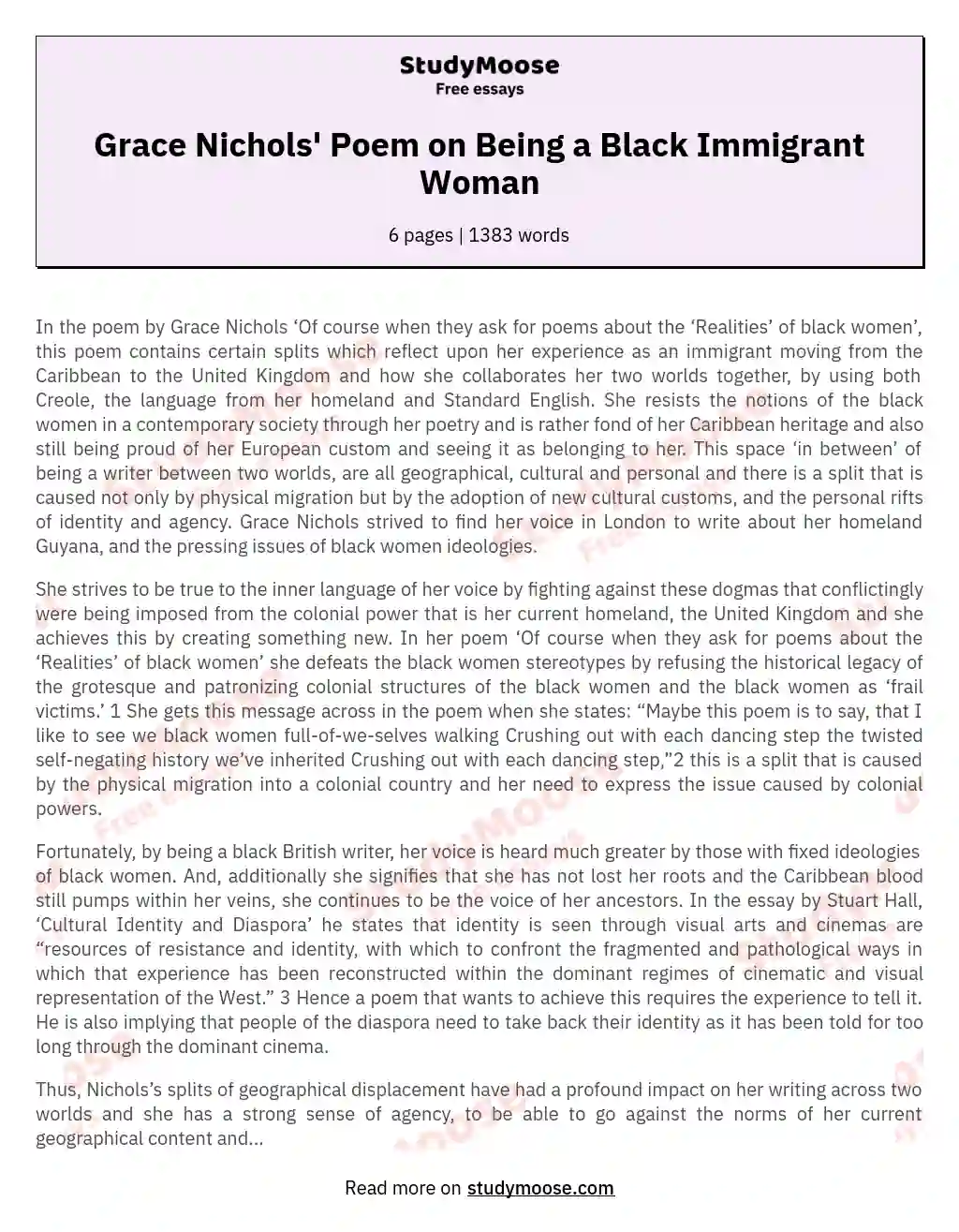 Grace Nichols' Poem on Being a Black Immigrant Woman essay