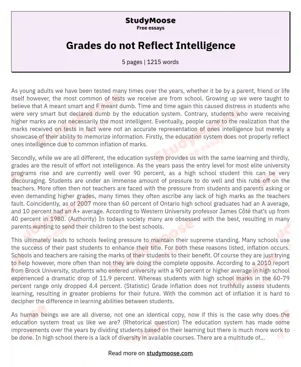 Grades do not Reflect Intelligence essay