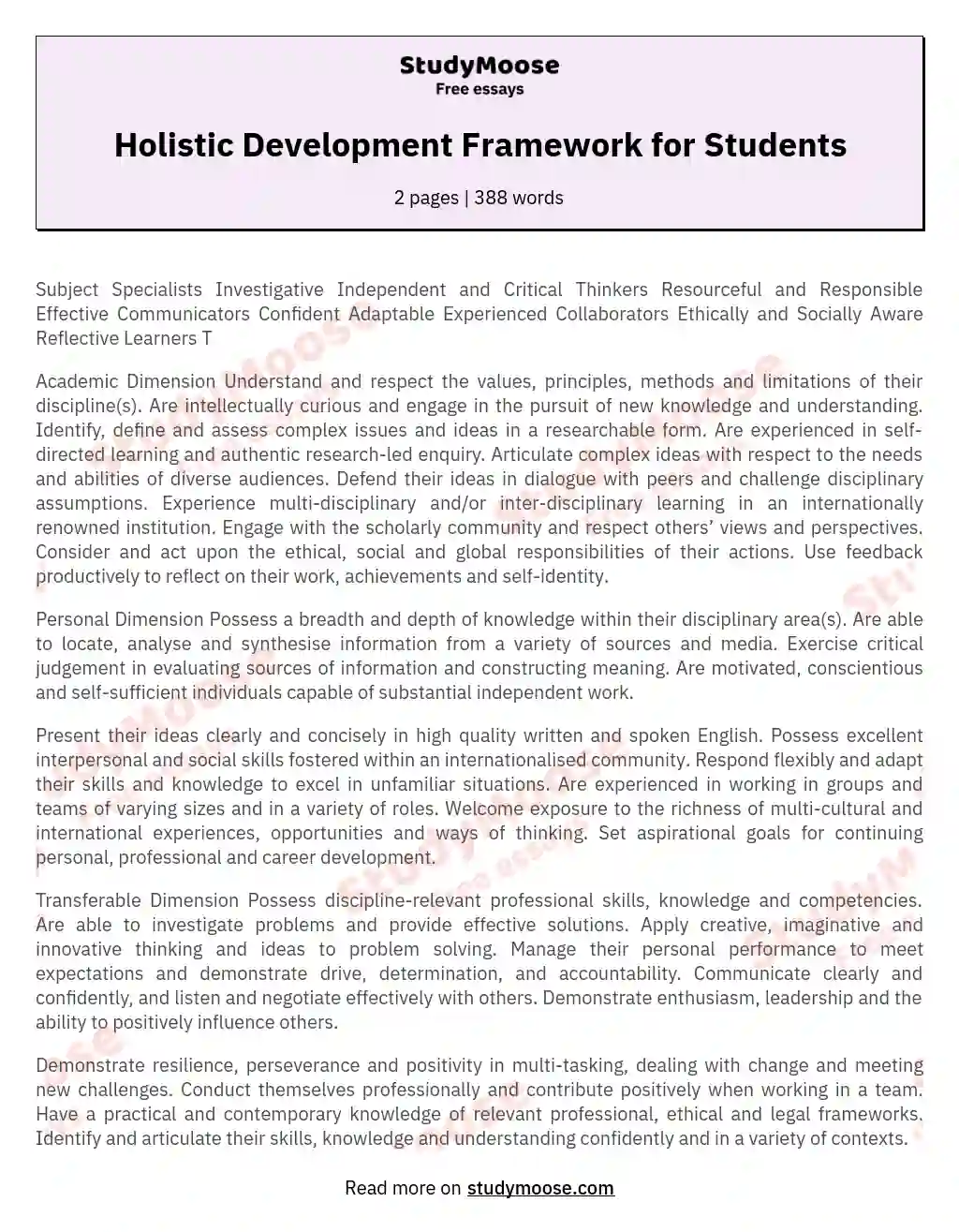 Holistic Development Framework for Students essay
