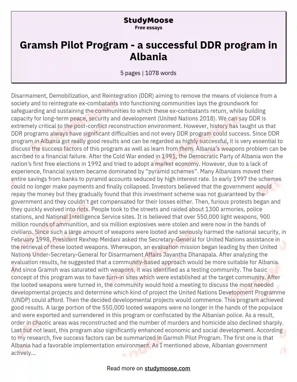 Gramsh Pilot Program - a successful DDR program in Albania essay