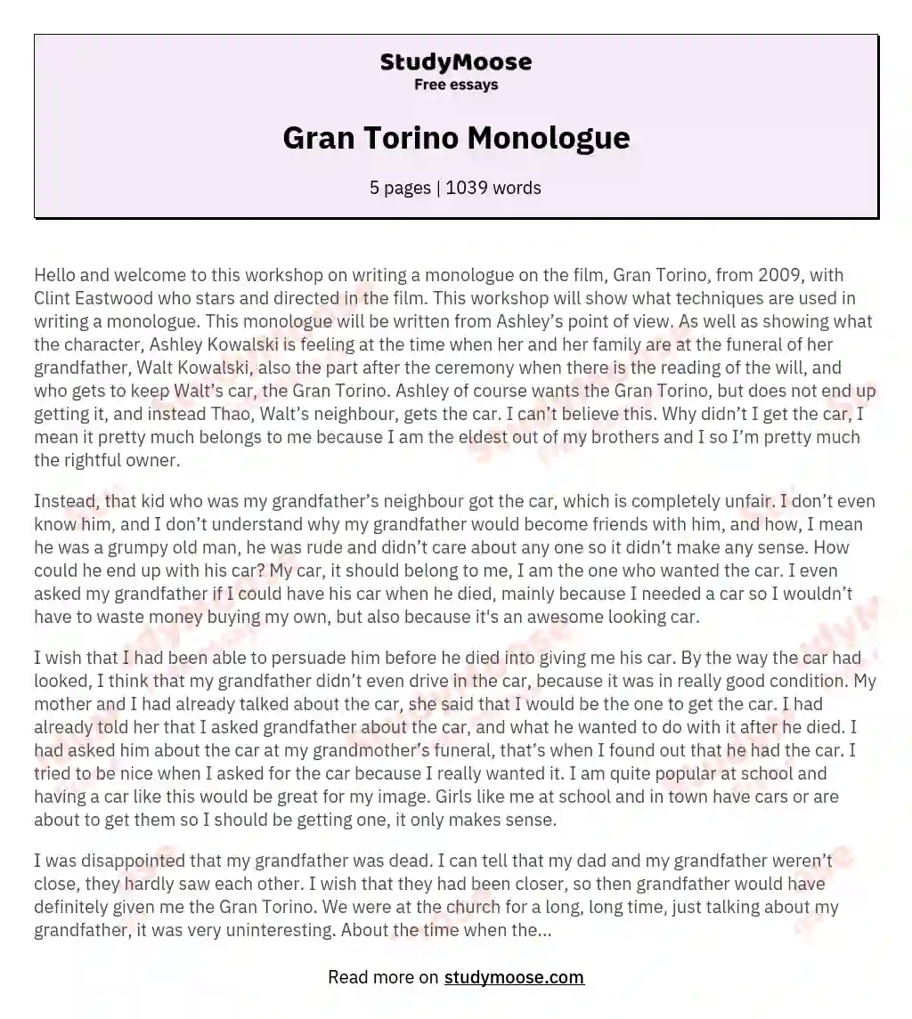 Gran Torino Monologue essay