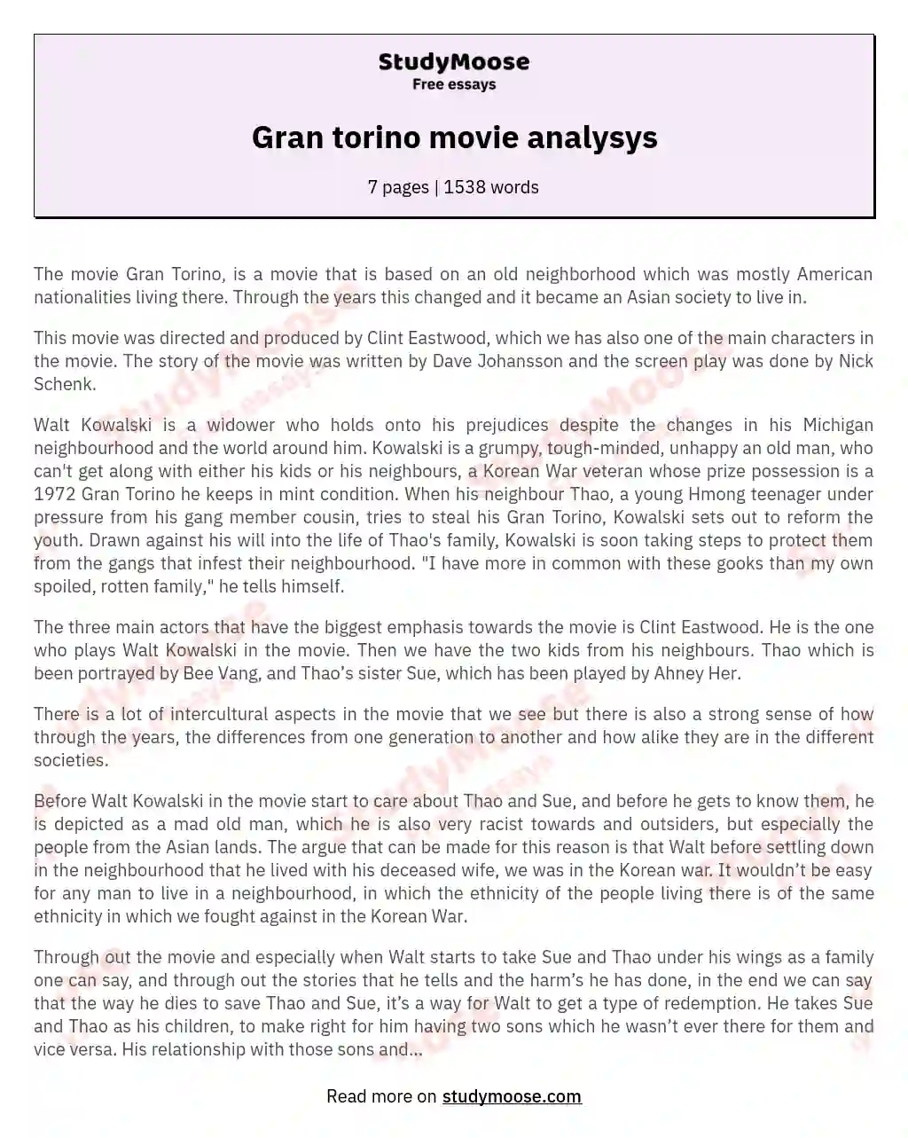 Gran torino movie analysys essay