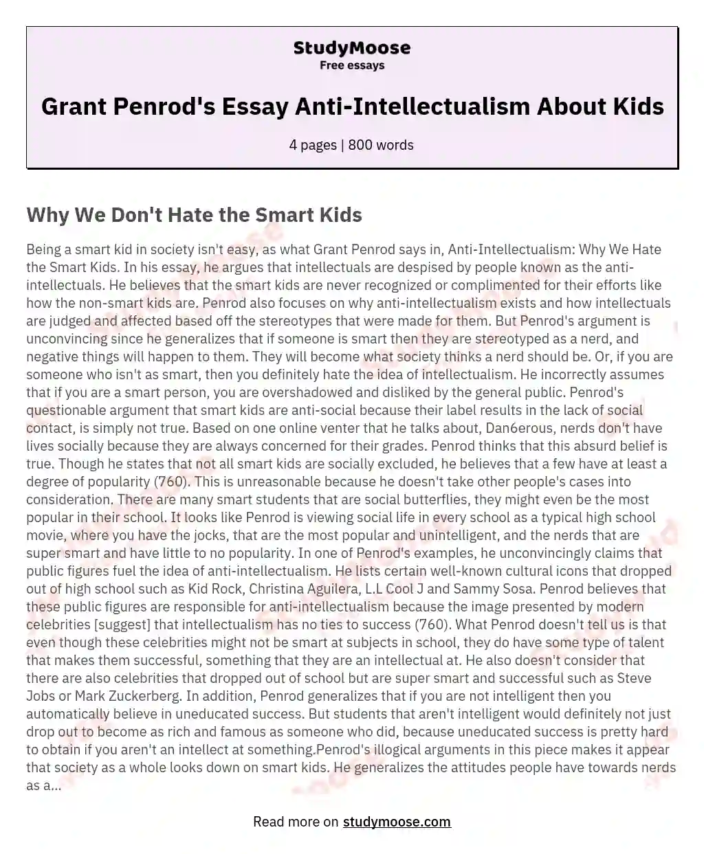 Grant Penrod's Essay Anti-Intellectualism About Kids essay