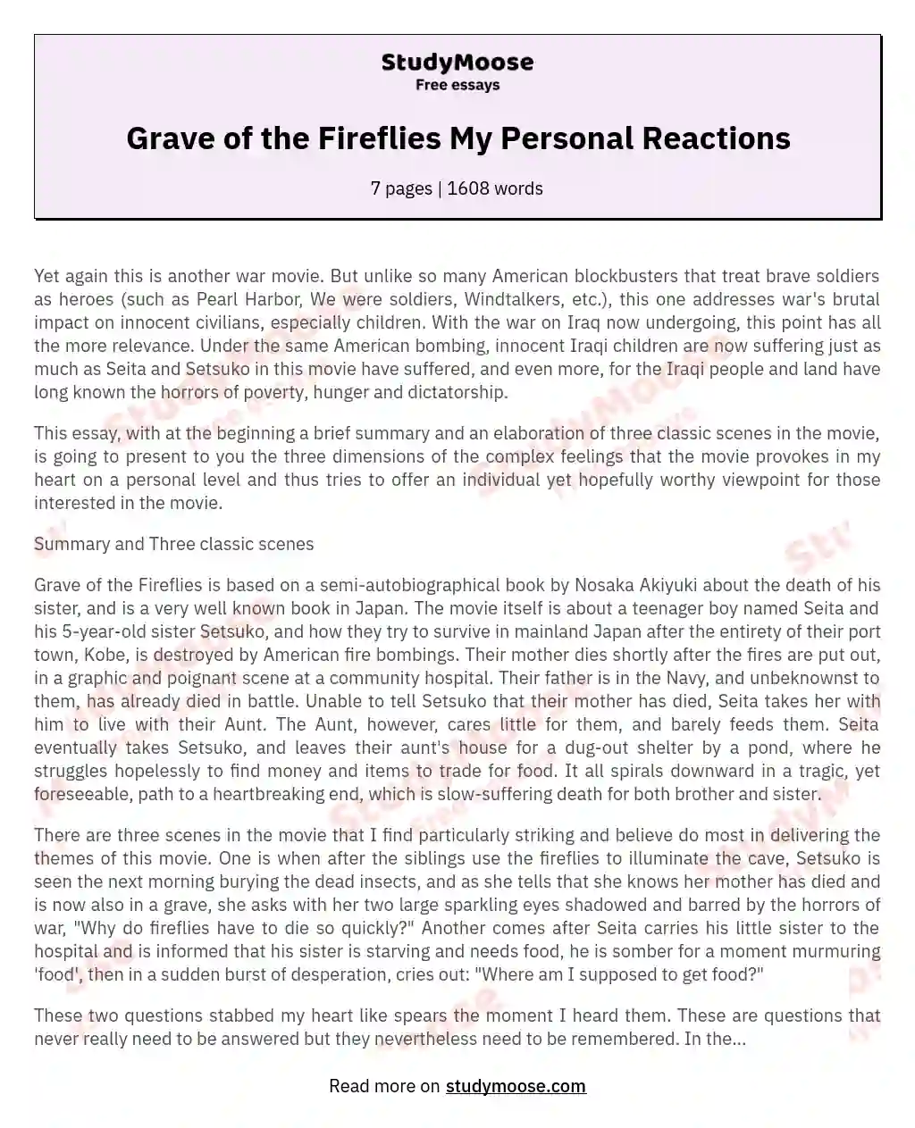 Grave of the Fireflies My Personal Reactions essay