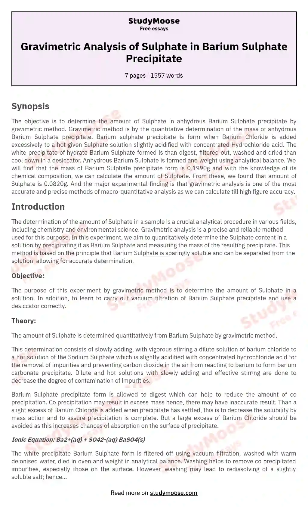 Gravimetric Analysis of Sulphate in Barium Sulphate Precipitate essay