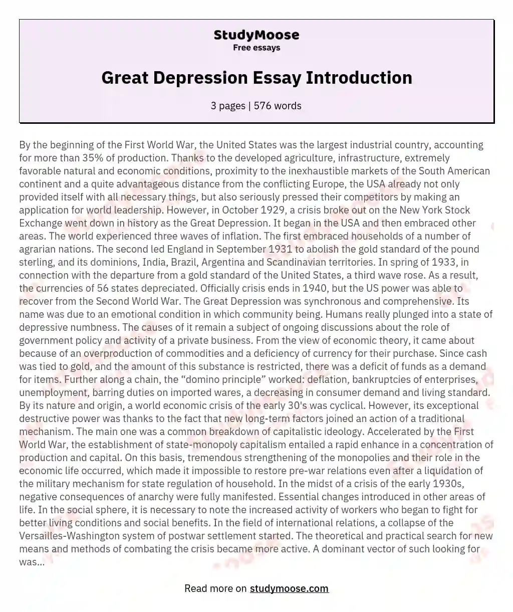 Great Depression Essay Introduction essay