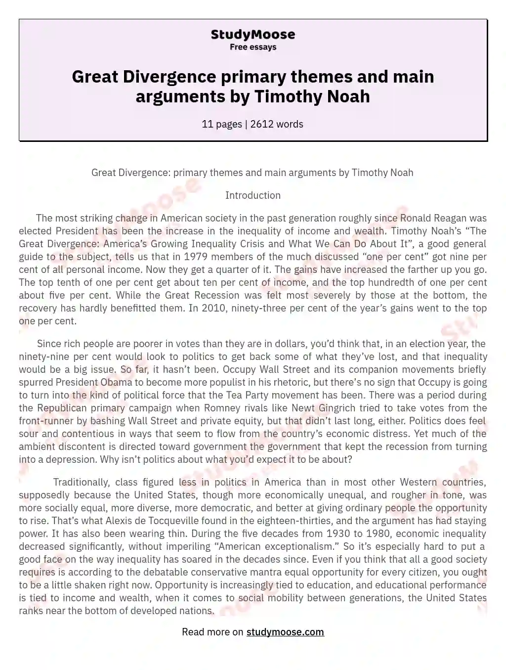 Great Divergence primary themes and main arguments by Timothy Noah