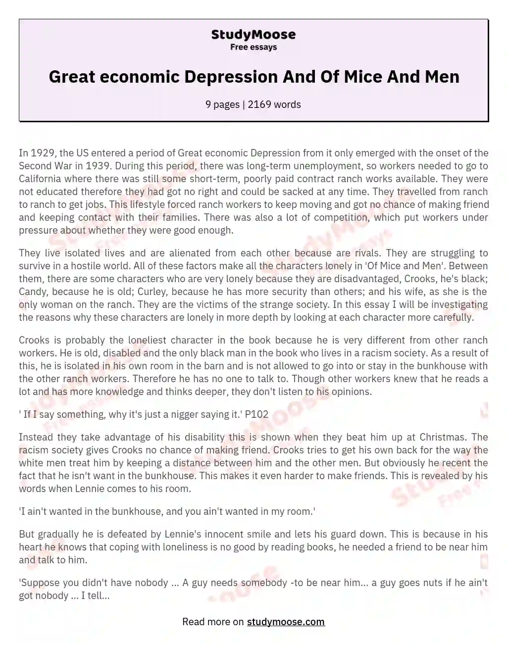 Great economic Depression And Of Mice And Men essay