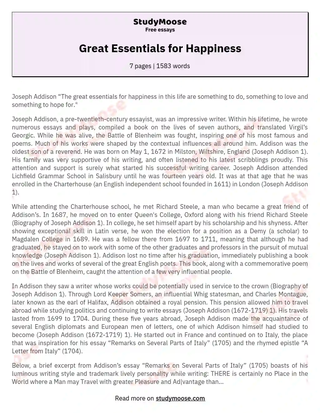 Great Essentials for Happiness essay