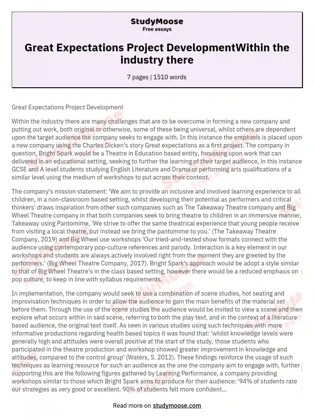 Great Expectations Project DevelopmentWithin the industry there essay