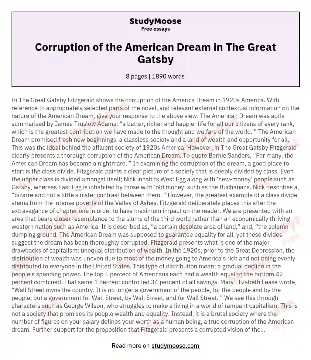 Corruption of the American Dream in The Great Gatsby essay