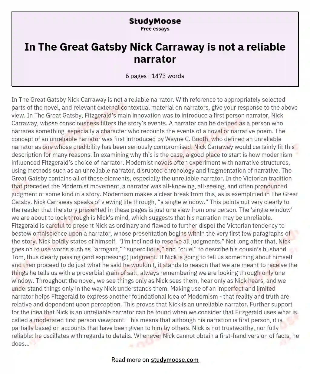 In The Great Gatsby Nick Carraway is not a reliable narrator essay